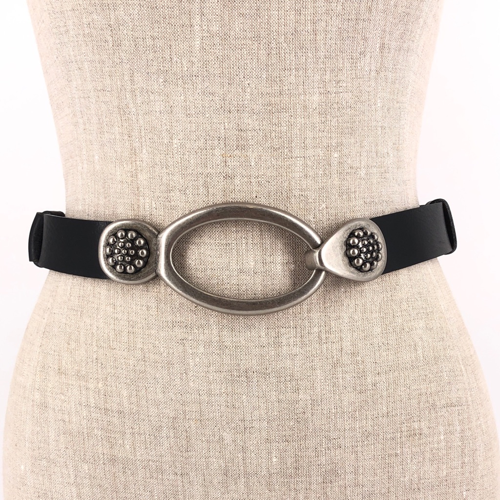 Black Leather Belt With Pewter Tone Buckle